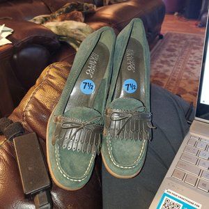 Never Worn Forest Green Suede + Leather Trim Franco Sarto High Wedge Shoes 7.5 M